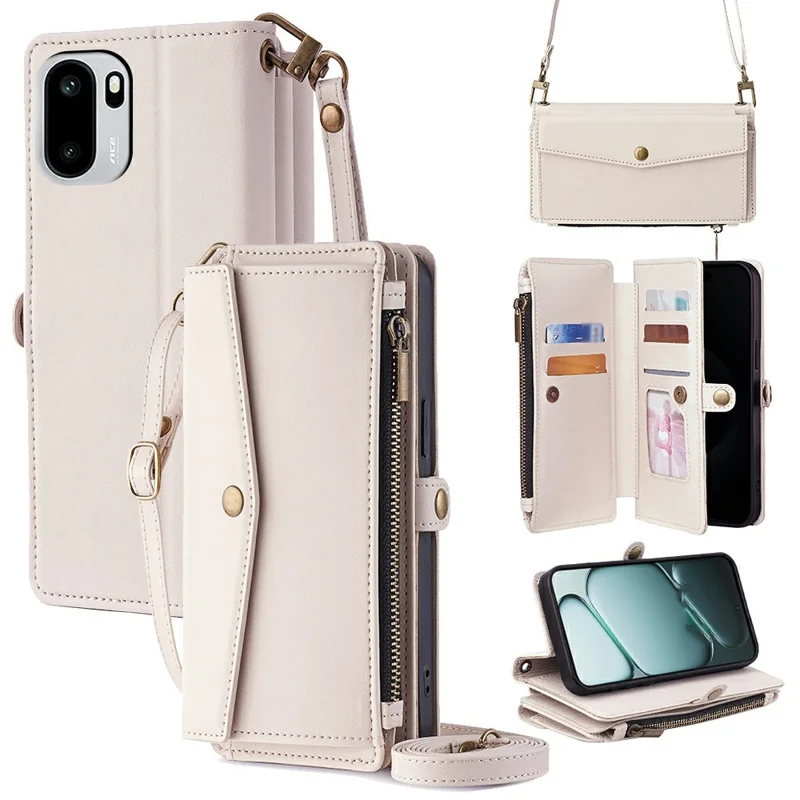 For OnePlus Ace 6T 5G / Ace 6 5G Case Card Slots Zipper Purse PU Leather Phone Cover with Shoulder Strap - White