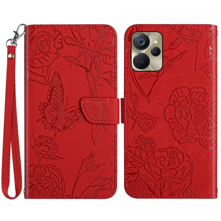 Pour Realme 9i 5G / 10 5G HT03 Stand Wallet Imprinted Butterfly Flowers Phone Case Skin-touch Shockproof PU Leather Cover with Strap - Red