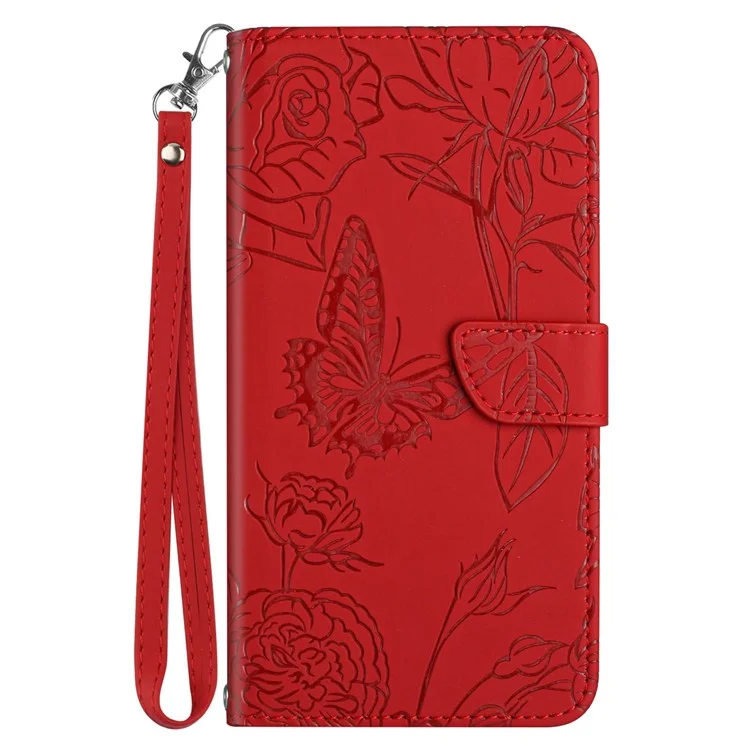 Pour Realme 9i 5G / 10 5G HT03 Stand Wallet Imprinted Butterfly Flowers Phone Case Skin-touch Shockproof PU Leather Cover with Strap - Red