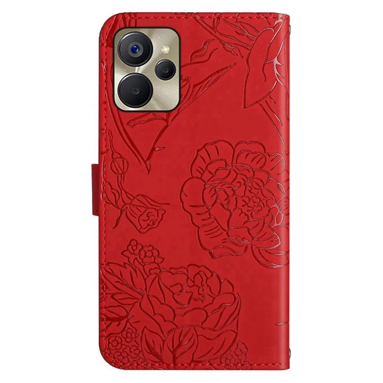 Pour Realme 9i 5G / 10 5G HT03 Stand Wallet Imprinted Butterfly Flowers Phone Case Skin-touch Shockproof PU Leather Cover with Strap - Red
