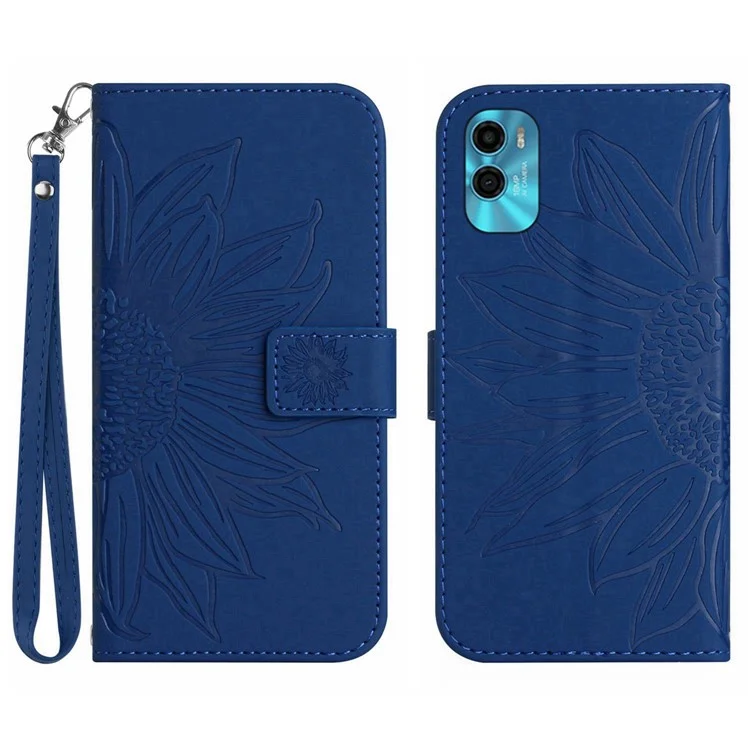 Pour Motorola Moto E22s 4G / E32 (Inde) 4G Étui de téléphone avec dragonne, motif tournesol antirayures en cuir polyuréthane avec support - Saphir