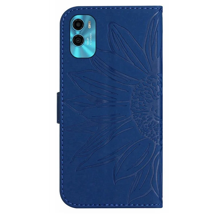 Pour Motorola Moto E22s 4G / E32 (Inde) 4G Étui de téléphone avec dragonne, motif tournesol antirayures en cuir polyuréthane avec support - Saphir