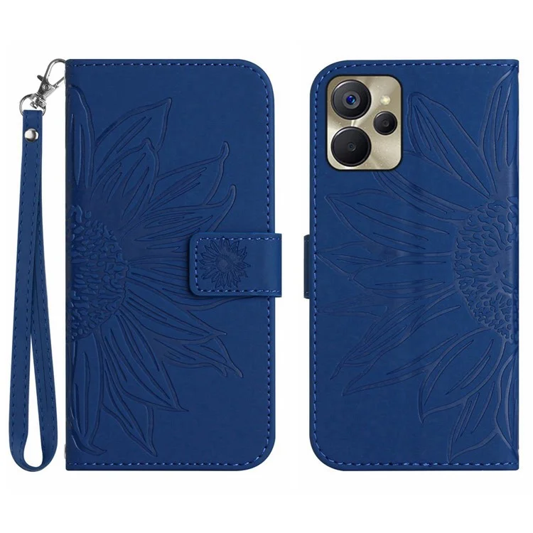 For Realme 9i 5G / 10 5G HT04 Skin-Touch Stand Wallet Phone Case PU Leather Imprinted Sunflower Shockproof Cover with Hand Strap - Sapphire
