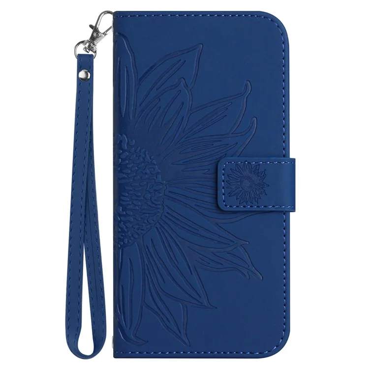 For Realme 9i 5G / 10 5G HT04 Skin-Touch Stand Wallet Phone Case PU Leather Imprinted Sunflower Shockproof Cover with Hand Strap - Sapphire