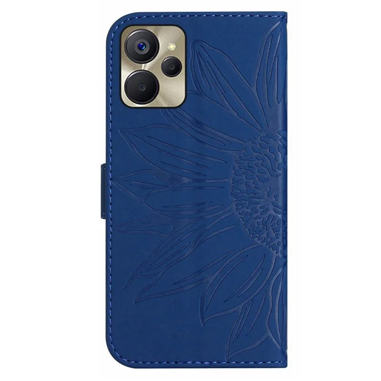 For Realme 9i 5G / 10 5G HT04 Skin-Touch Stand Wallet Phone Case PU Leather Imprinted Sunflower Shockproof Cover with Hand Strap - Sapphire