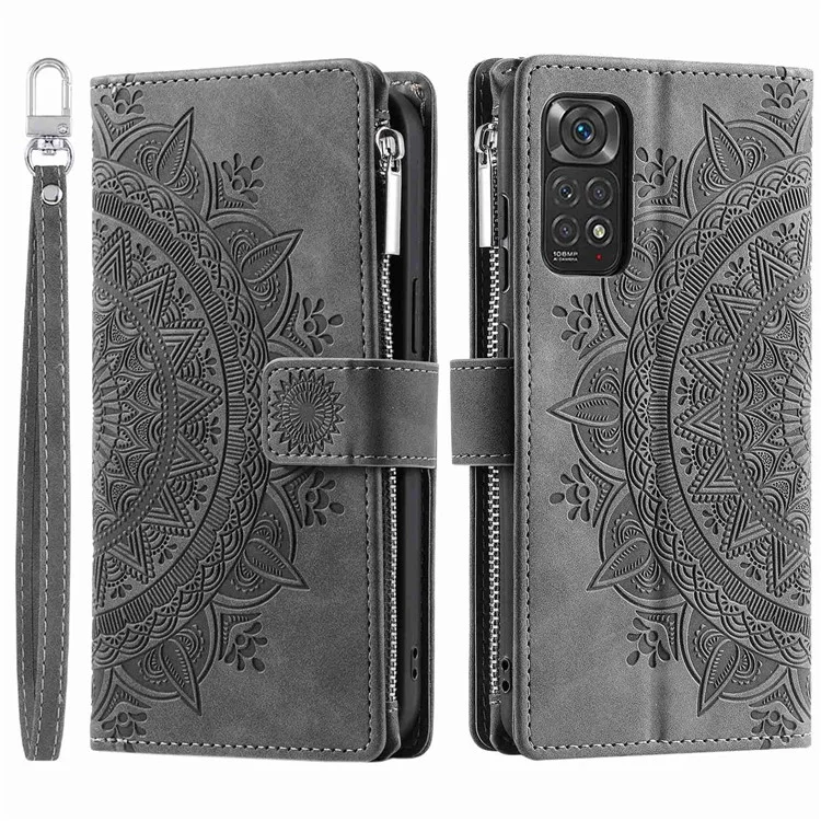 Pour Xiaomi Redmi Note 11 Pro 4G (MediaTek) / Remarque 11 Pro 5G (Qualcomm) Mandala Flower Imprimé PU le Cuir de Téléphone Couvercle de Couverture Avec Plusieurs Emplacements de Cartes Portefeuille de Poche - Gris