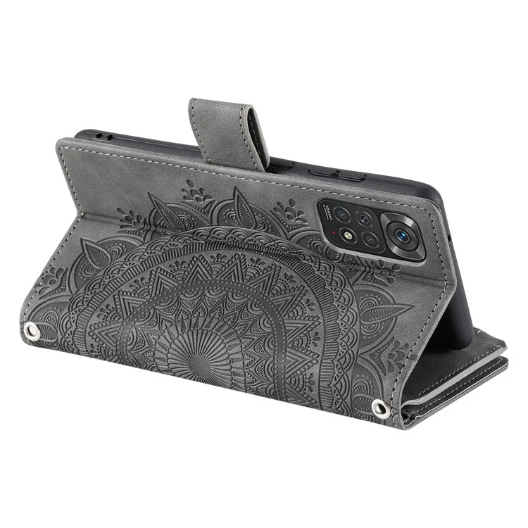 Pour Xiaomi Redmi Note 11 Pro 4G (MediaTek) / Remarque 11 Pro 5G (Qualcomm) Mandala Flower Imprimé PU le Cuir de Téléphone Couvercle de Couverture Avec Plusieurs Emplacements de Cartes Portefeuille de Poche - Gris