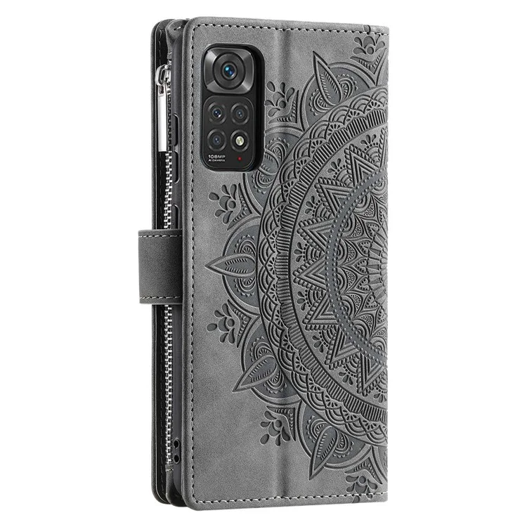 Pour Xiaomi Redmi Note 11 Pro 4G (MediaTek) / Remarque 11 Pro 5G (Qualcomm) Mandala Flower Imprimé PU le Cuir de Téléphone Couvercle de Couverture Avec Plusieurs Emplacements de Cartes Portefeuille de Poche - Gris