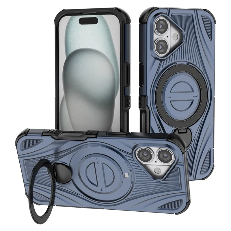 For iPhone 17 Magnetic Case Rotating Kickstand TPU PC Shockproof Phone Back Cover Compatible with MagSafe - Dark Blue