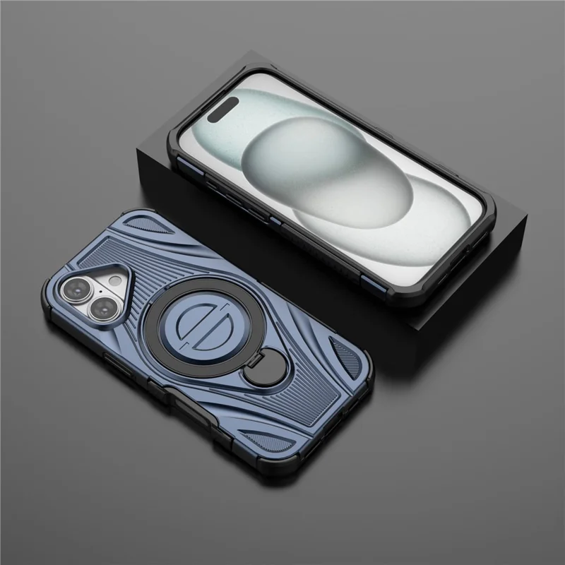 For iPhone 17 Magnetic Case Rotating Kickstand TPU PC Shockproof Phone Back Cover Compatible with MagSafe - Dark Blue
