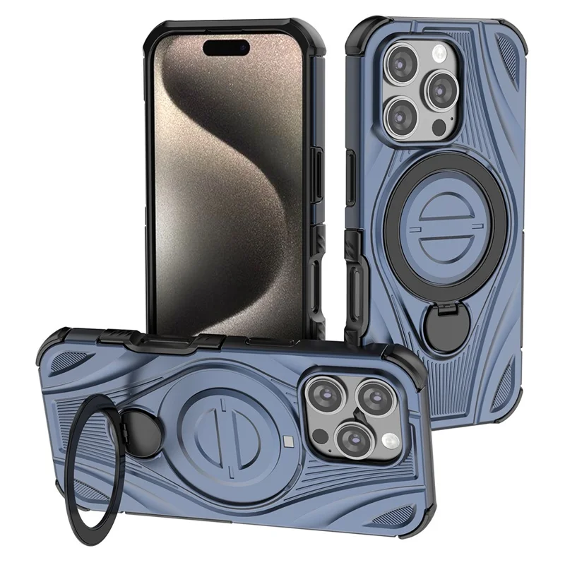 For iPhone 16 Pro Magnetic Case Rotating Kickstand TPU PC Shockproof Phone Back Cover Compatible with MagSafe - Dark Blue