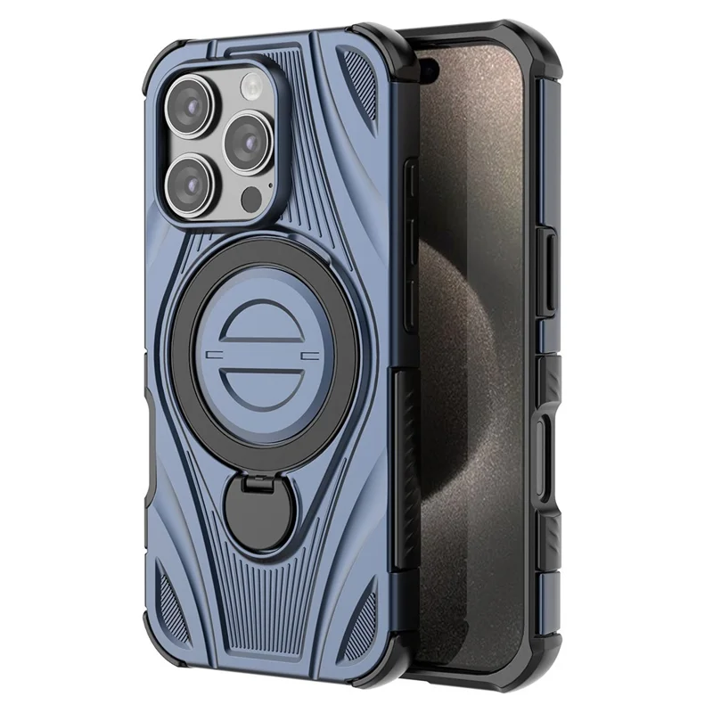 For iPhone 16 Pro Magnetic Case Rotating Kickstand TPU PC Shockproof Phone Back Cover Compatible with MagSafe - Dark Blue