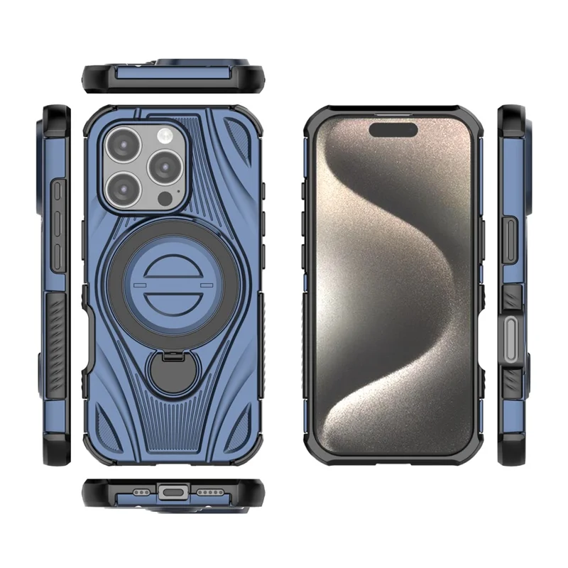 For iPhone 16 Pro Magnetic Case Rotating Kickstand TPU PC Shockproof Phone Back Cover Compatible with MagSafe - Dark Blue