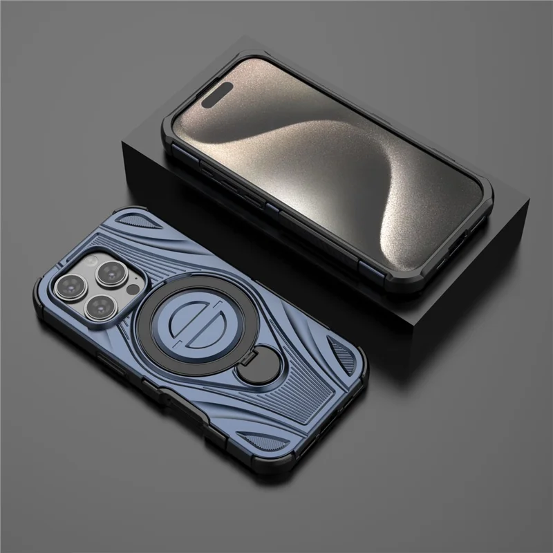For iPhone 16 Pro Magnetic Case Rotating Kickstand TPU PC Shockproof Phone Back Cover Compatible with MagSafe - Dark Blue