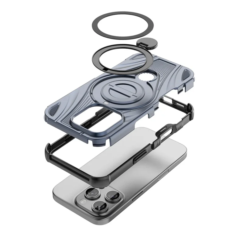 For iPhone 16 Pro Magnetic Case Rotating Kickstand TPU PC Shockproof Phone Back Cover Compatible with MagSafe - Dark Blue