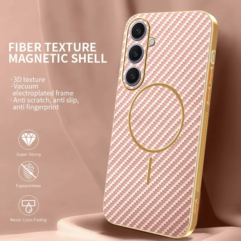 Coque pour Samsung Galaxy S26+ Texturée Fibre de Carbone Arrière Téléphone en TPU Galvanisé - Rose