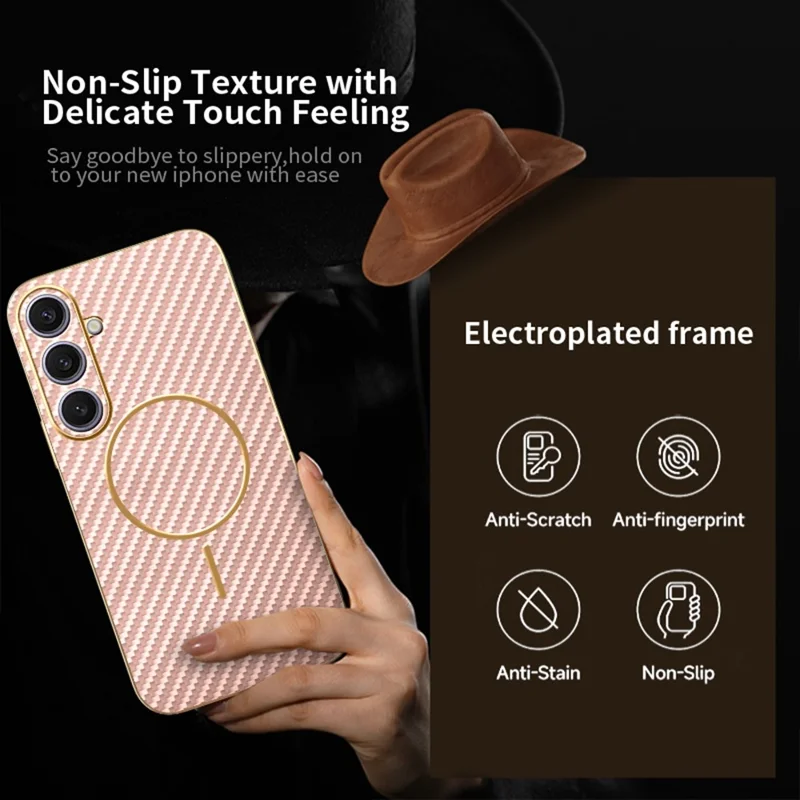 Coque pour Samsung Galaxy S26+ Texturée Fibre de Carbone Arrière Téléphone en TPU Galvanisé - Rose