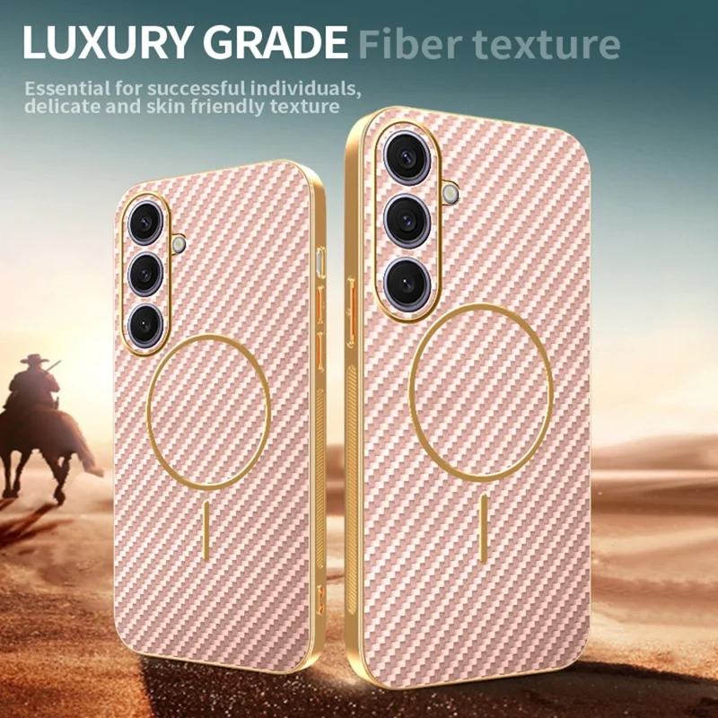 Coque pour Samsung Galaxy S26+ Texturée Fibre de Carbone Arrière Téléphone en TPU Galvanisé - Rose