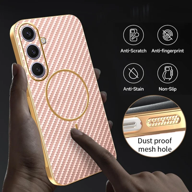 Coque pour Samsung Galaxy S26+ Texturée Fibre de Carbone Arrière Téléphone en TPU Galvanisé - Rose
