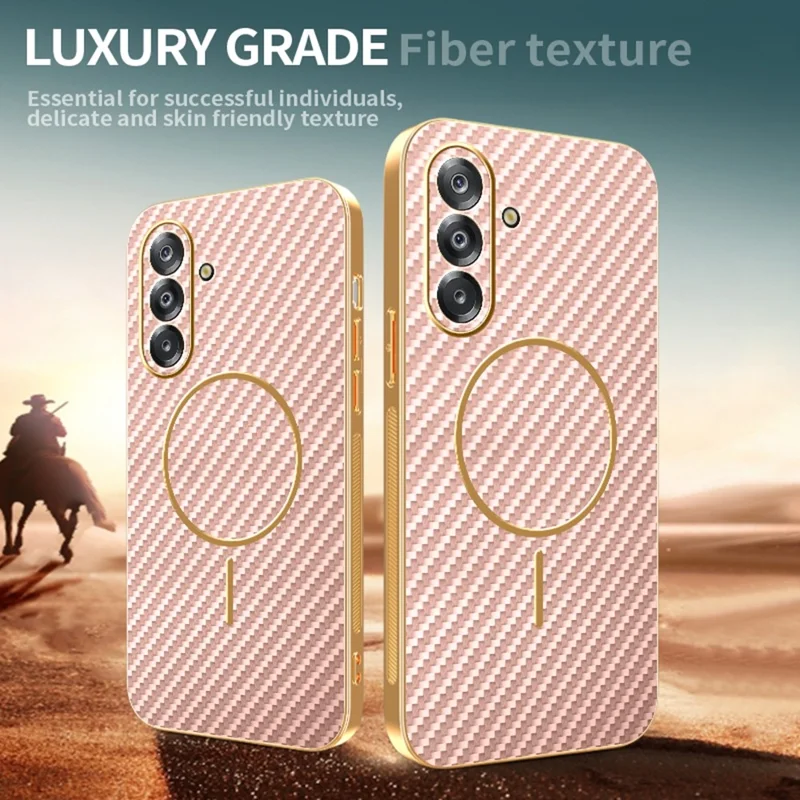 For Samsung Galaxy A27 Case Carbon Fiber Textured Electroplated TPU Phone Back Cover - Pink