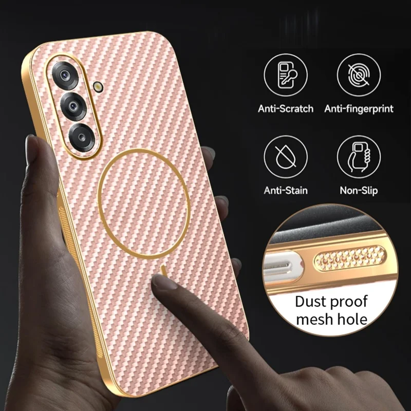 For Samsung Galaxy A27 Case Carbon Fiber Textured Electroplated TPU Phone Back Cover - Pink