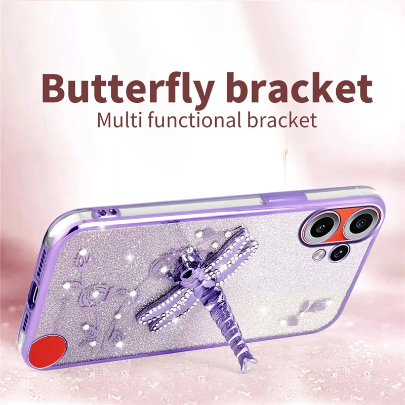 KADEM Funda para Nothing CMF Phone 2 Pro con diseño de libélula y soporte TPU con flores y purpurina - Morado