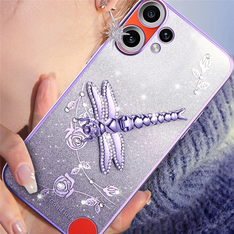 KADEM Funda para Nothing CMF Phone 2 Pro con diseño de libélula y soporte TPU con flores y purpurina - Morado