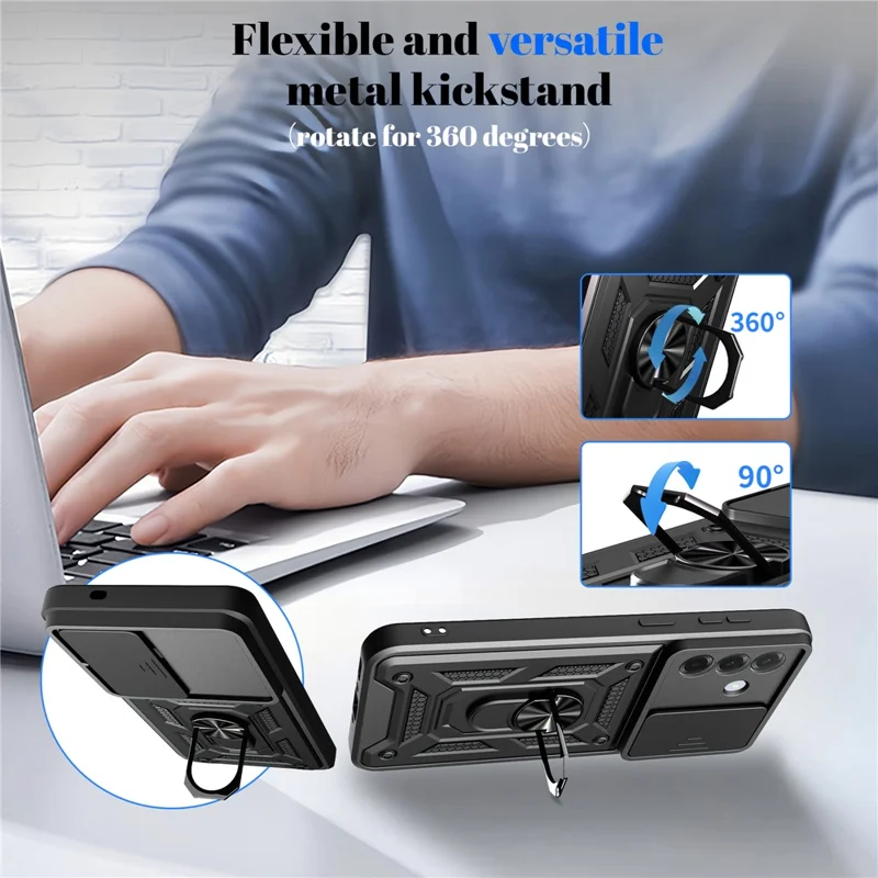 Für Samsung Galaxy A37 Hülle mit verschiebbarem Kamera-Deckel PC + TPU Ständer-Handyhülle - Schwarz