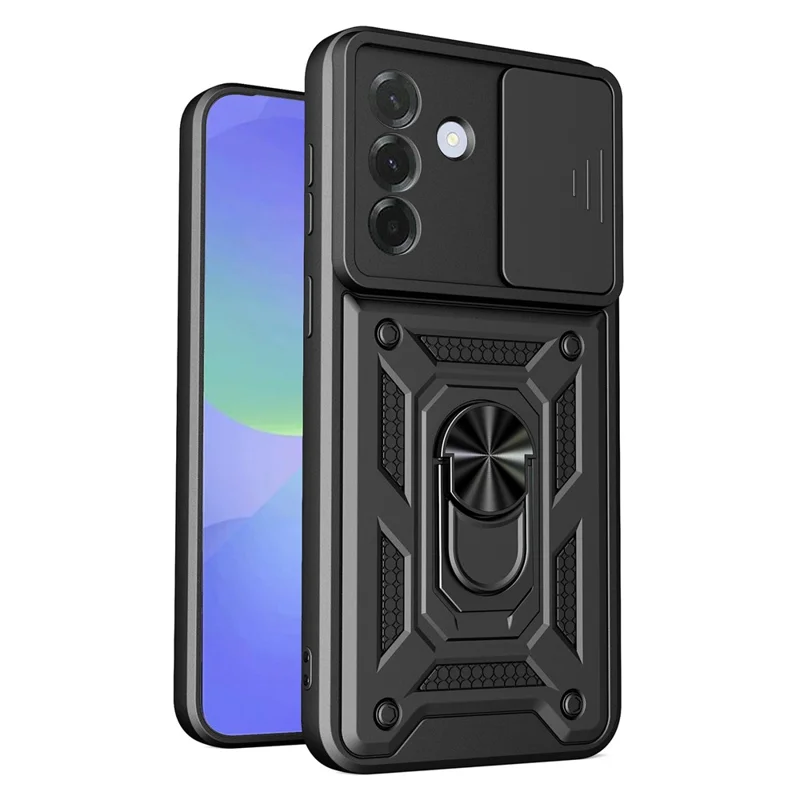 AMORUS Custodia per Samsung Galaxy A37 con Supporto Girevole, Cover per Telefono in PC + TPU con Scorriobiettivo per Fotocamera - Nero
