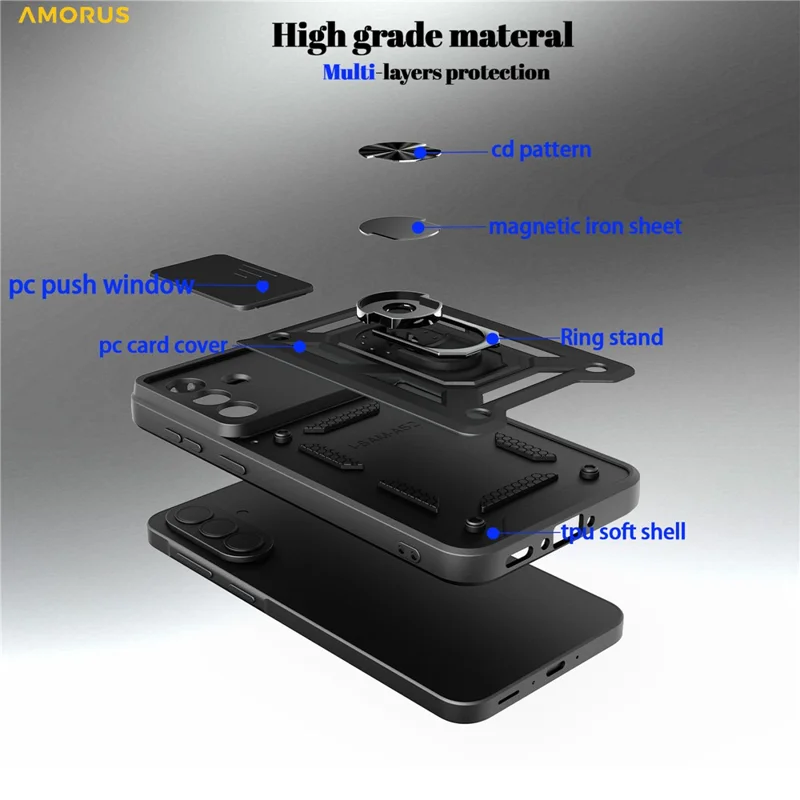 AMORUS Custodia per Samsung Galaxy A37 con Supporto Girevole, Cover per Telefono in PC + TPU con Scorriobiettivo per Fotocamera - Nero