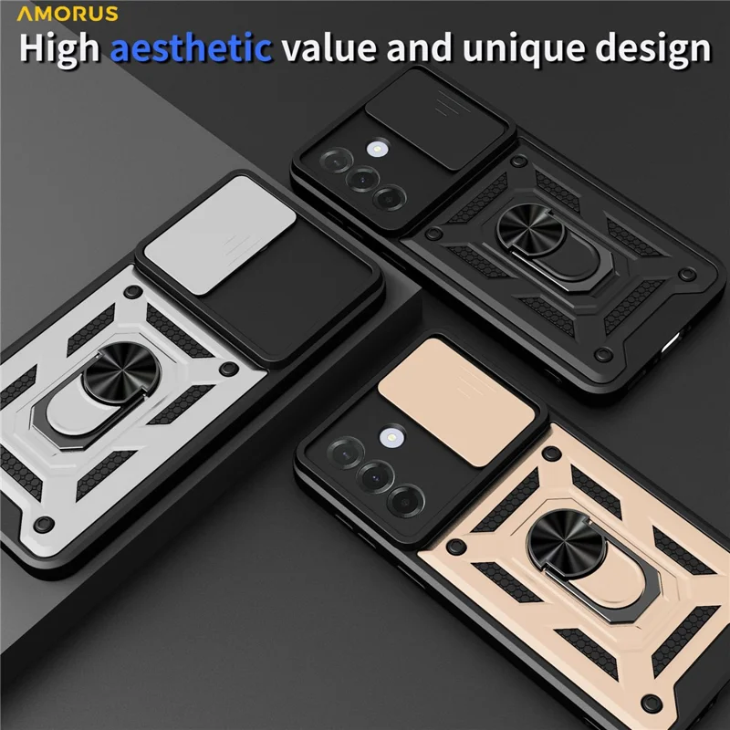 AMORUS Custodia per Samsung Galaxy A37 con Supporto Girevole, Cover per Telefono in PC + TPU con Scorriobiettivo per Fotocamera - Nero