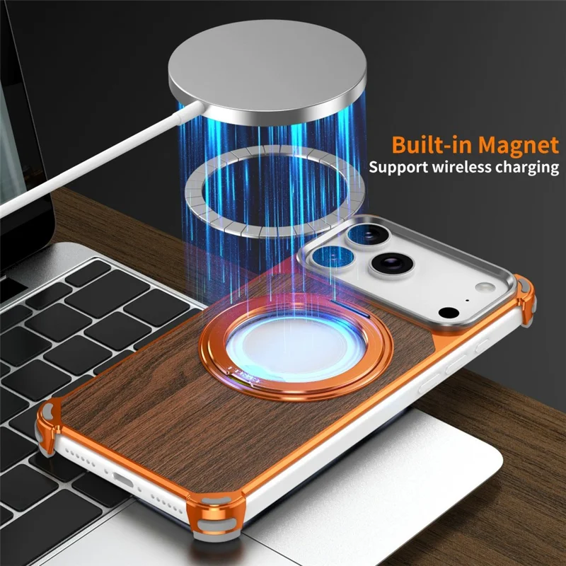 For iPhone 17 Pro Magnetic Case Wood + Metal Frameless Hollow Design Phone Cover with Rotating Kickstand - Orange