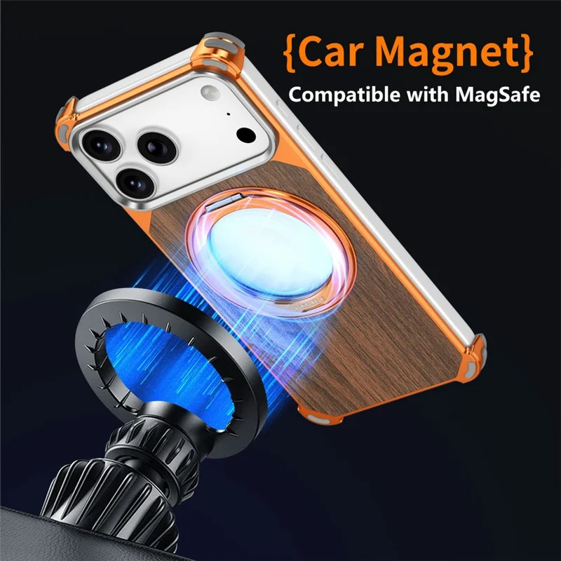 For iPhone 17 Pro Magnetic Case Wood + Metal Frameless Hollow Design Phone Cover with Rotating Kickstand - Orange