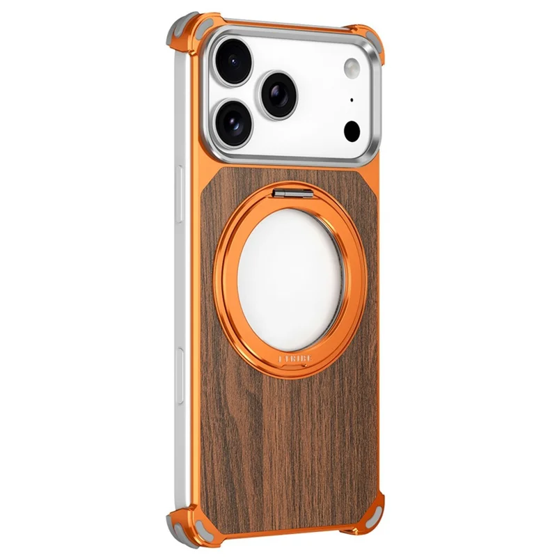 For iPhone 17 Pro Magnetic Case Wood + Metal Frameless Hollow Design Phone Cover with Rotating Kickstand - Orange