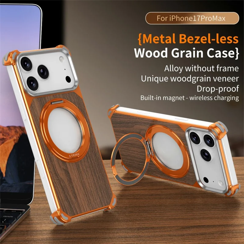 For iPhone 17 Pro Magnetic Case Wood + Metal Frameless Hollow Design Phone Cover with Rotating Kickstand - Orange