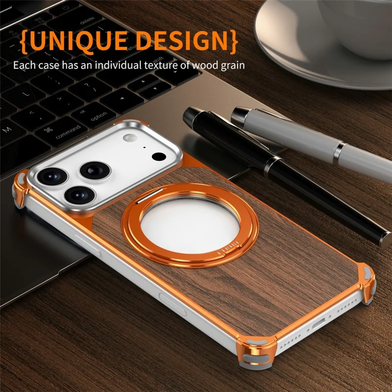 For iPhone 17 Pro Magnetic Case Wood + Metal Frameless Hollow Design Phone Cover with Rotating Kickstand - Orange