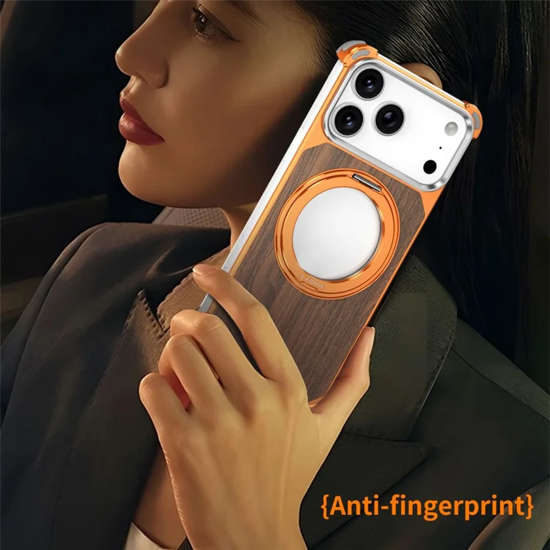 For iPhone 17 Pro Magnetic Case Wood + Metal Frameless Hollow Design Phone Cover with Rotating Kickstand - Orange