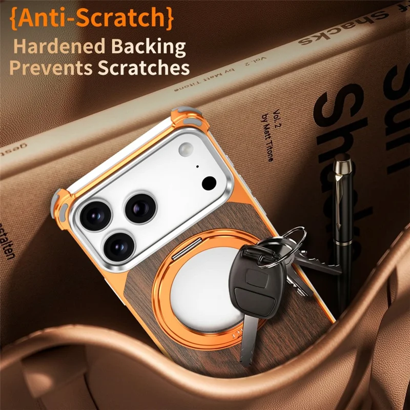 For iPhone 17 Pro Magnetic Case Wood + Metal Frameless Hollow Design Phone Cover with Rotating Kickstand - Orange