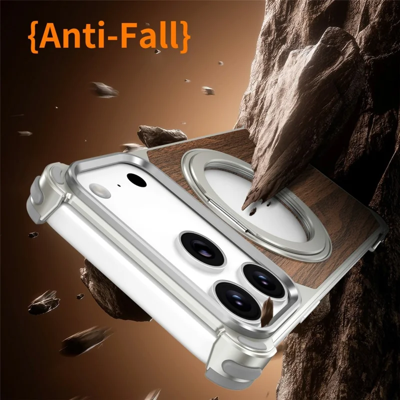 For iPhone 17 Pro Magnetic Case Wood + Metal Frameless Hollow Design Phone Cover with Rotating Kickstand - Orange