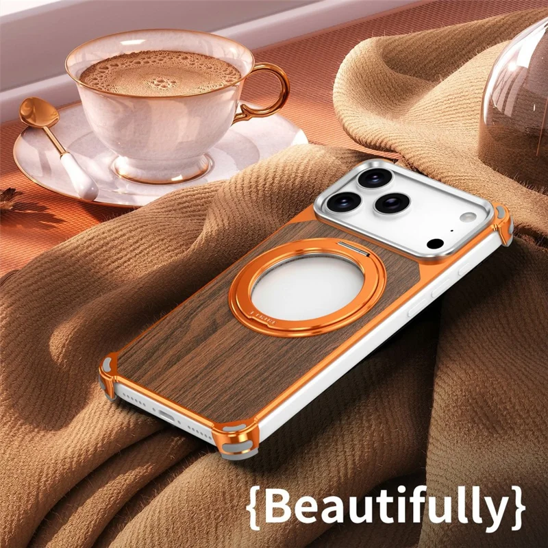 For iPhone 17 Pro Magnetic Case Wood + Metal Frameless Hollow Design Phone Cover with Rotating Kickstand - Orange