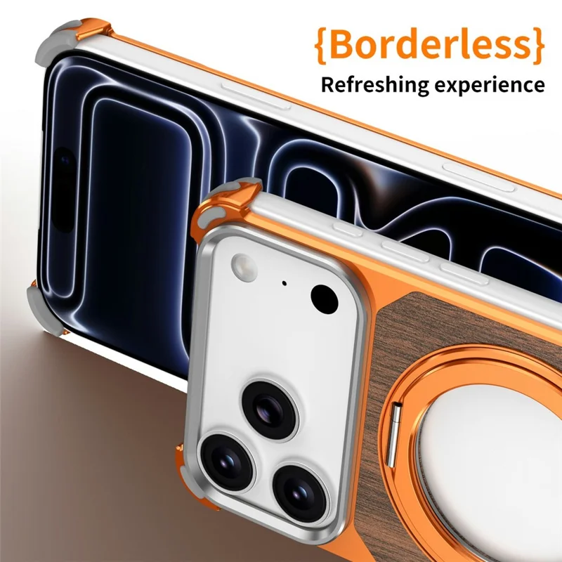 For iPhone 17 Pro Magnetic Case Wood + Metal Frameless Hollow Design Phone Cover with Rotating Kickstand - Orange