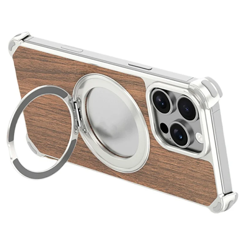 For iPhone 16 Pro Max Magnetic Case Wood + Metal Frameless Hollow Design Phone Cover with Rotating Kickstand - Titanium
