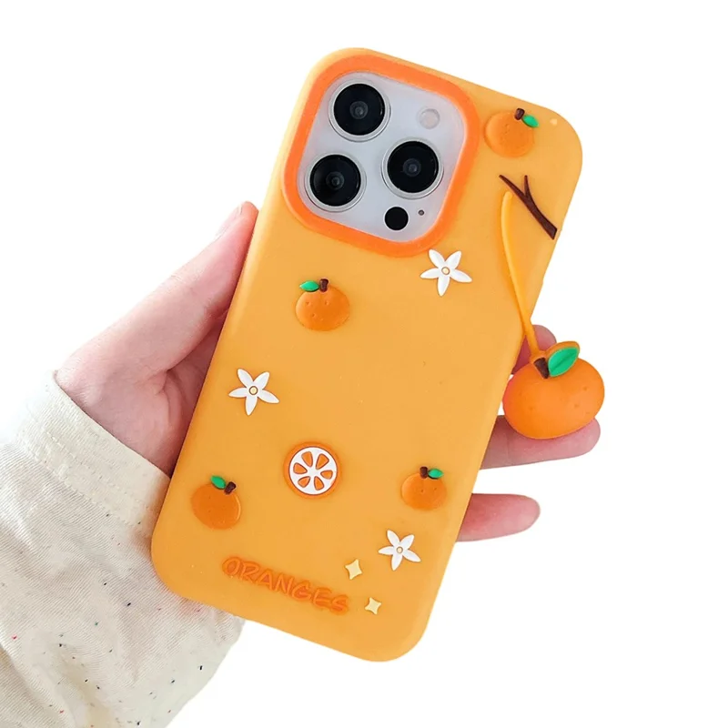 Funda de silicona para iPhone 16 Pro con colgante adorable en forma de naranja, funda trasera antichoque para teléfono