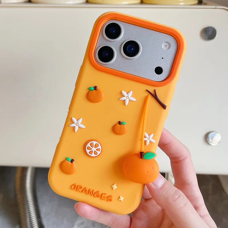 For iPhone 17 Pro Silicone Case Cute Orange Shape Pendant Shockproof Phone Back Cover