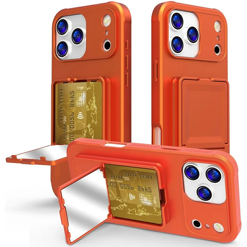 Funda para iPhone 17 Pro Max con soporte para tarjetas y tacto suave de TPU + PC con tapa con espejo - Naranja