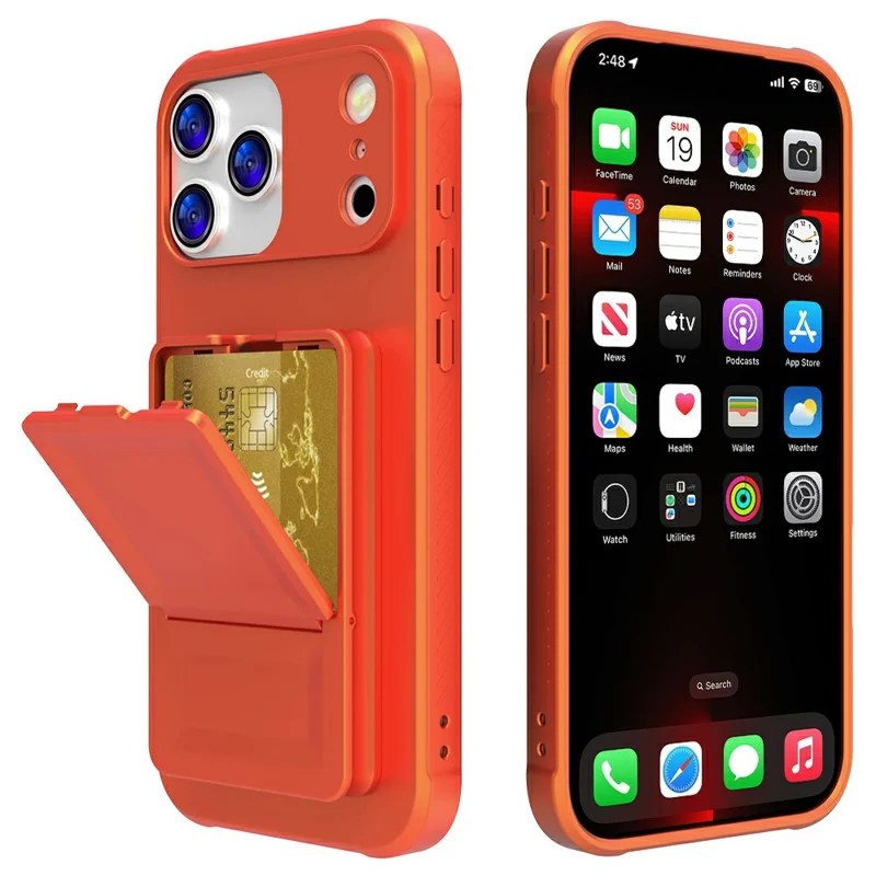 Funda para iPhone 17 Pro Max con soporte para tarjetas y tacto suave de TPU + PC con tapa con espejo - Naranja