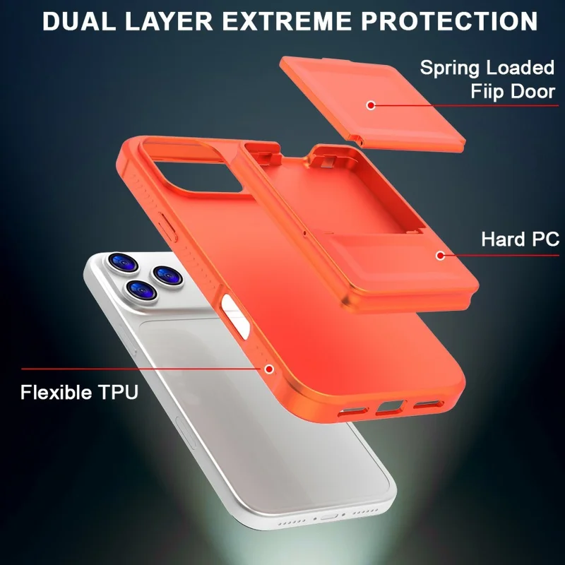 Funda para iPhone 17 Pro Max con soporte para tarjetas y tacto suave de TPU + PC con tapa con espejo - Naranja