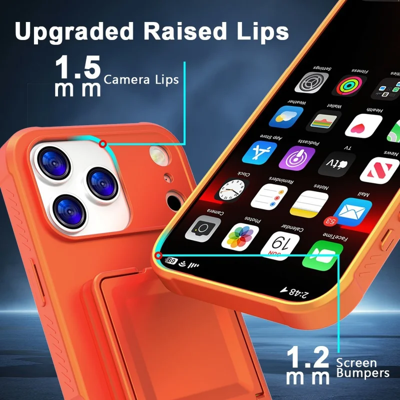 Funda para iPhone 17 Pro Max con soporte para tarjetas y tacto suave de TPU + PC con tapa con espejo - Naranja