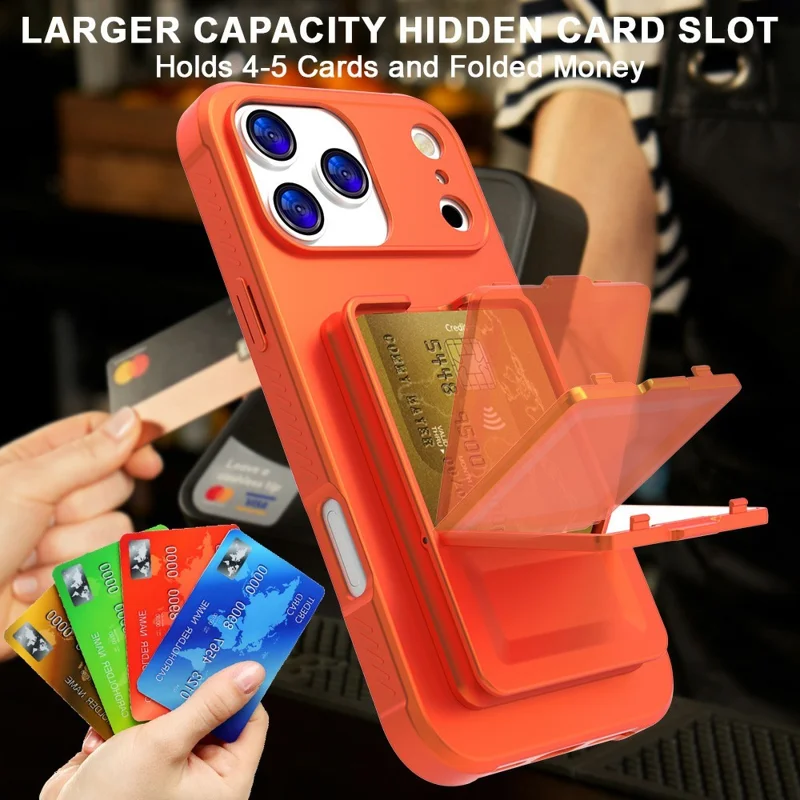 Funda para iPhone 17 Pro Max con soporte para tarjetas y tacto suave de TPU + PC con tapa con espejo - Naranja