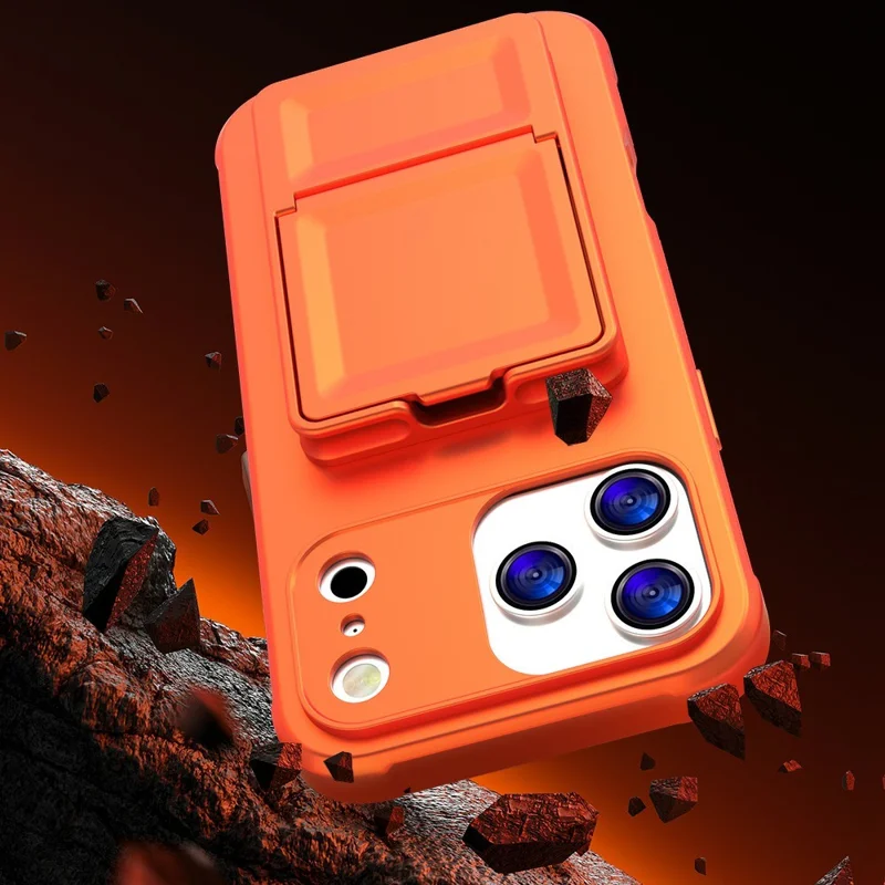 Funda para iPhone 17 Pro Max con soporte para tarjetas y tacto suave de TPU + PC con tapa con espejo - Naranja